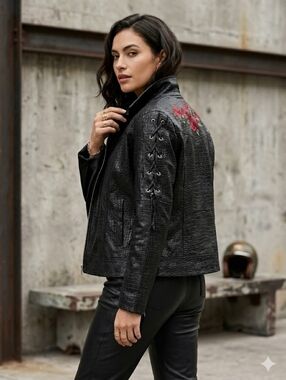 Navarre Croc Embossed Black Buffalo Leather Embroidered Rose Moto Jacket Biker